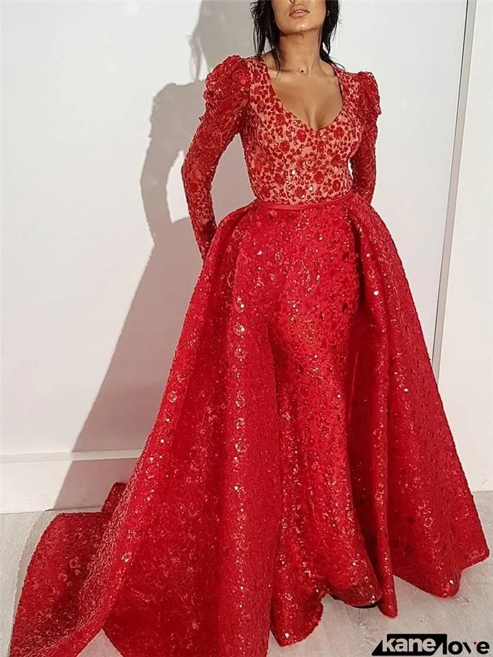 Flattering Sequined Low V Neck Flare Ball Gown for Prom