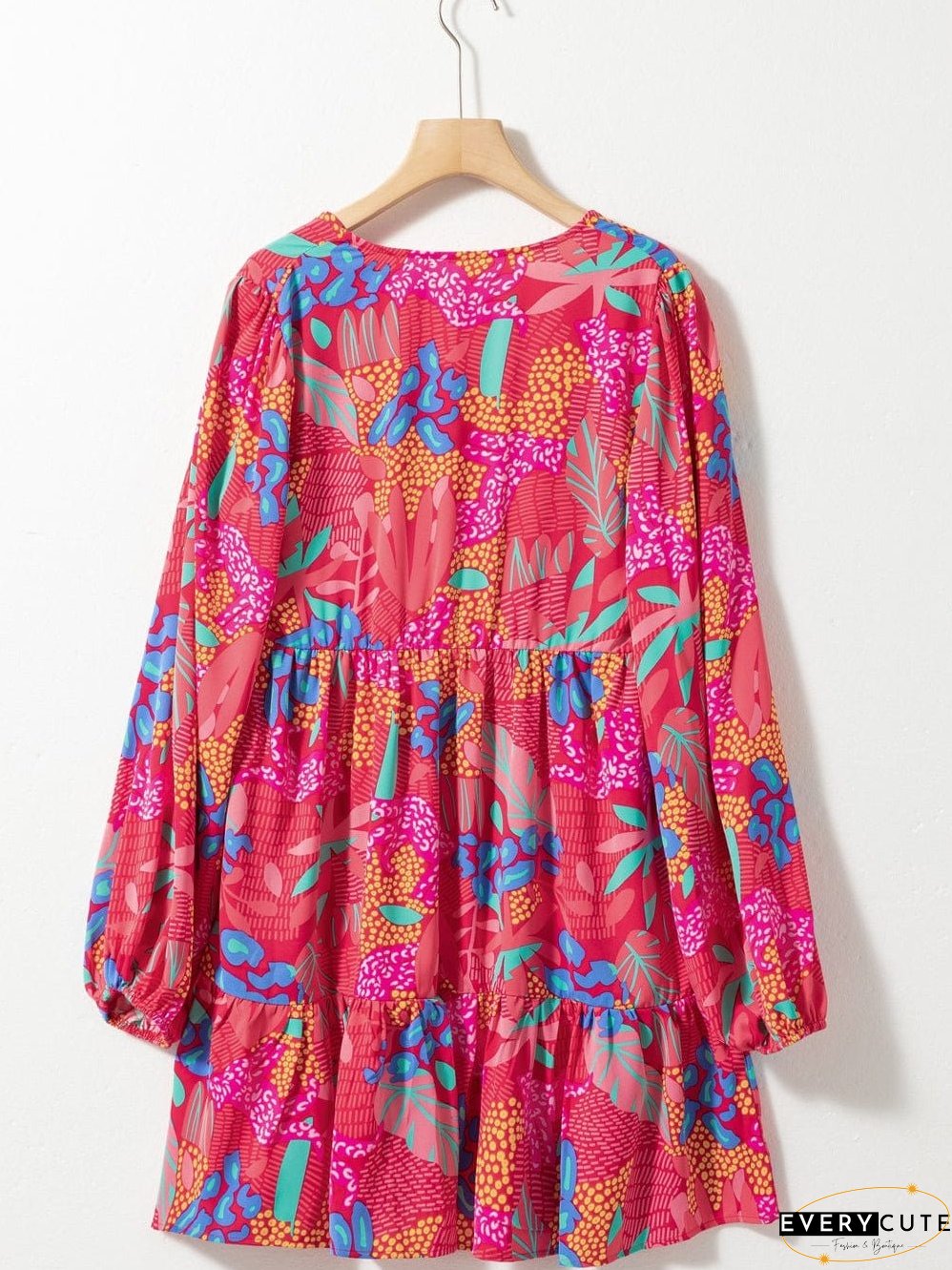 Rose Blossom V Neck Bubble Sleeve Ruffle Detail Mini Dress