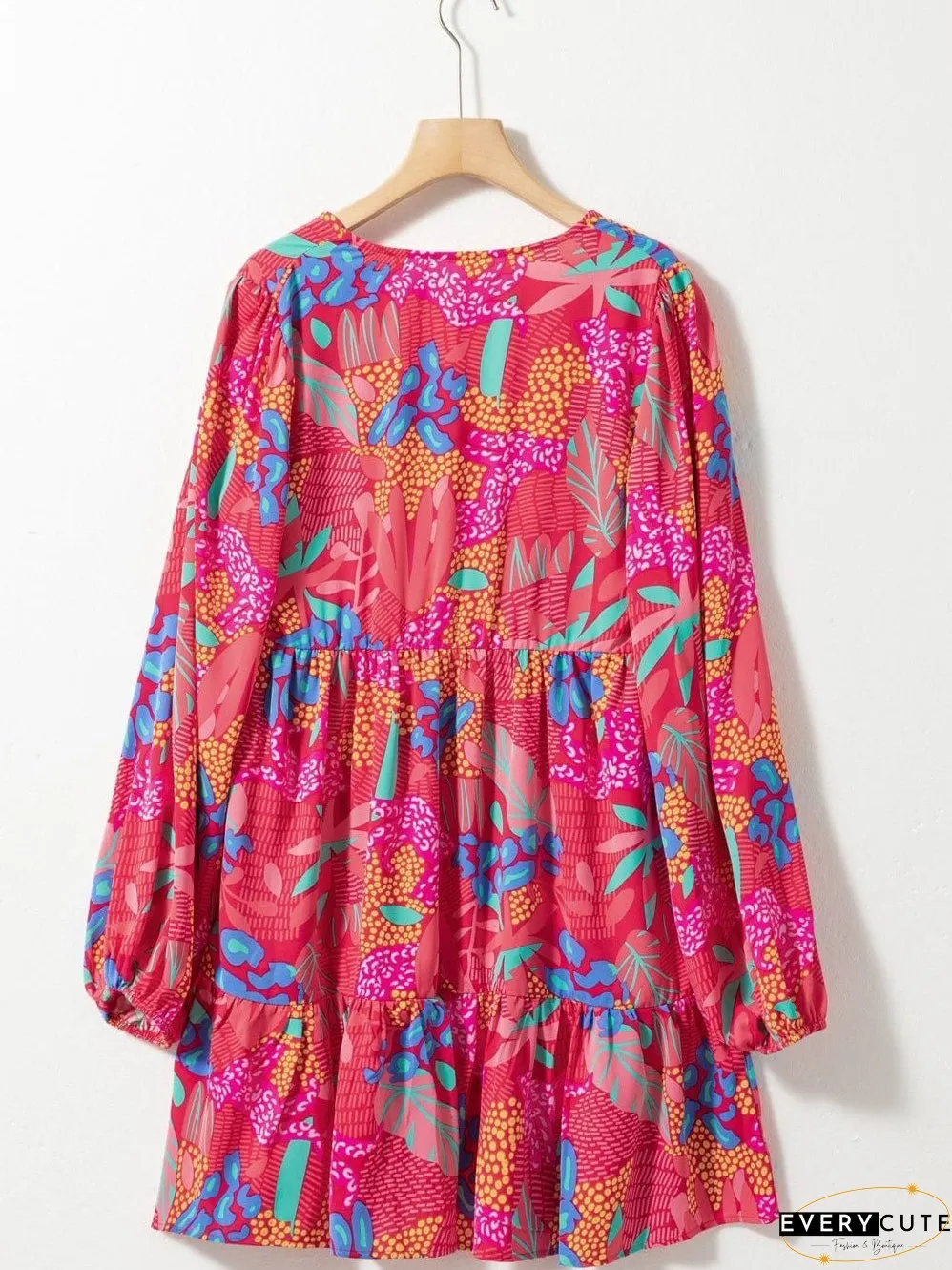Rose Blossom V Neck Bubble Sleeve Ruffle Detail Mini Dress
