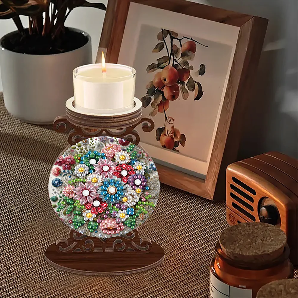 Wooden Diamond Painting Candle Holder Rhinestone Candlestick Decor (Flower)