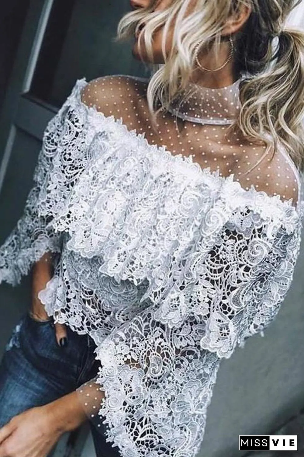 Sheer Mesh Lace Patchwork Blouse
