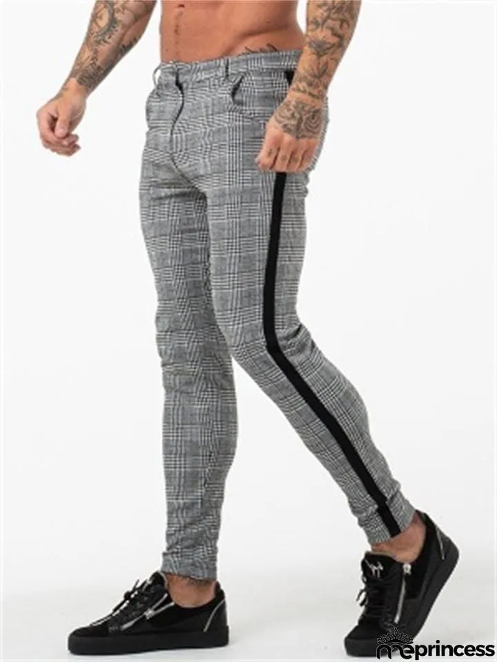 Fashion Side Striped Casual Plaid Elastic Pants