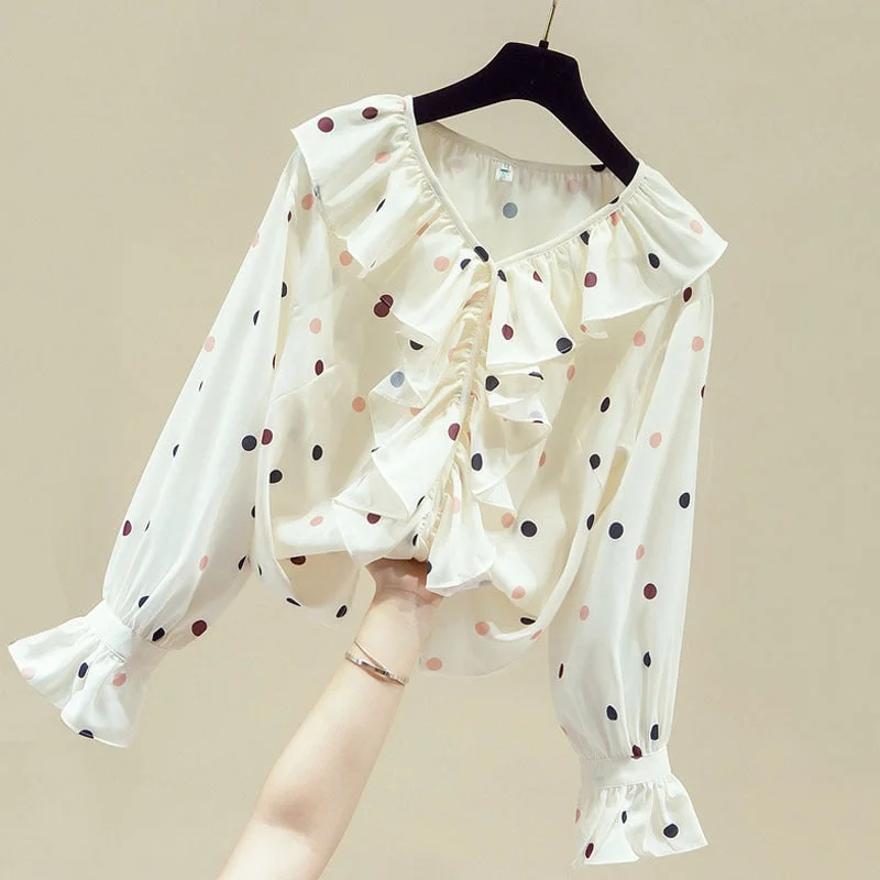 Long Sleeve Ruffles V-Neck Dot Chiffon Blouse Shirt Tops Blouse Women Blusas Mujer De Moda 2021 Women Tops And Bloues Blusa D748