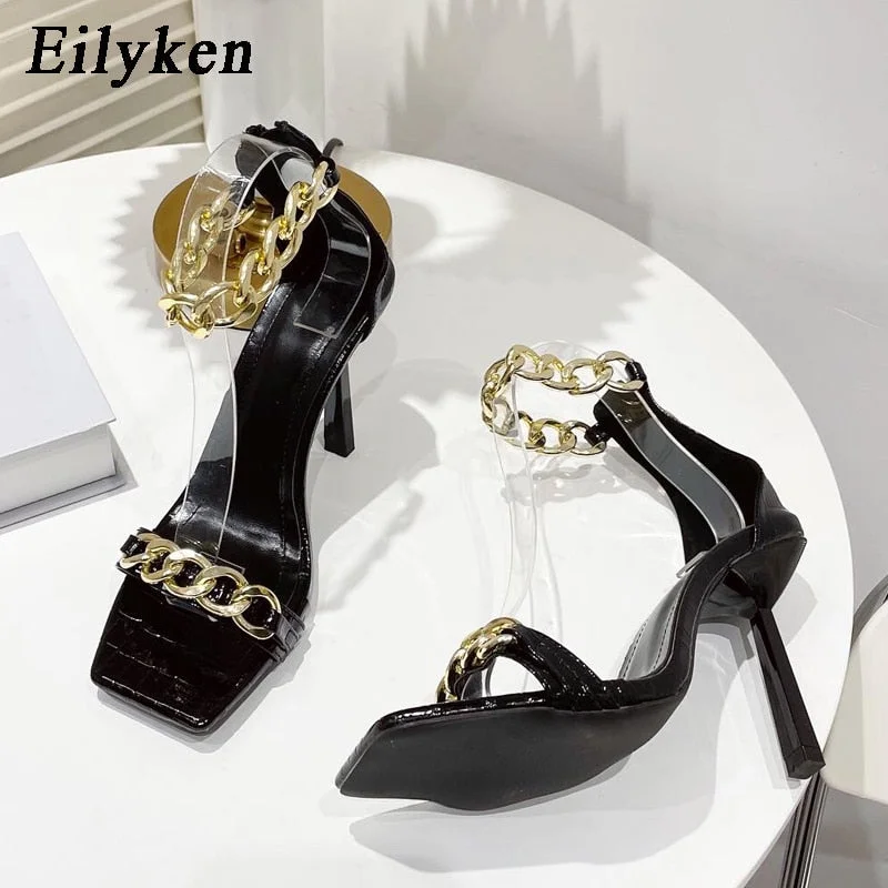 Eilyken New Women Sandals Summer Square Toe Thin High Heels Female Fashion Chain Designer Strap Party Dress Shoes Size 41 Green 530