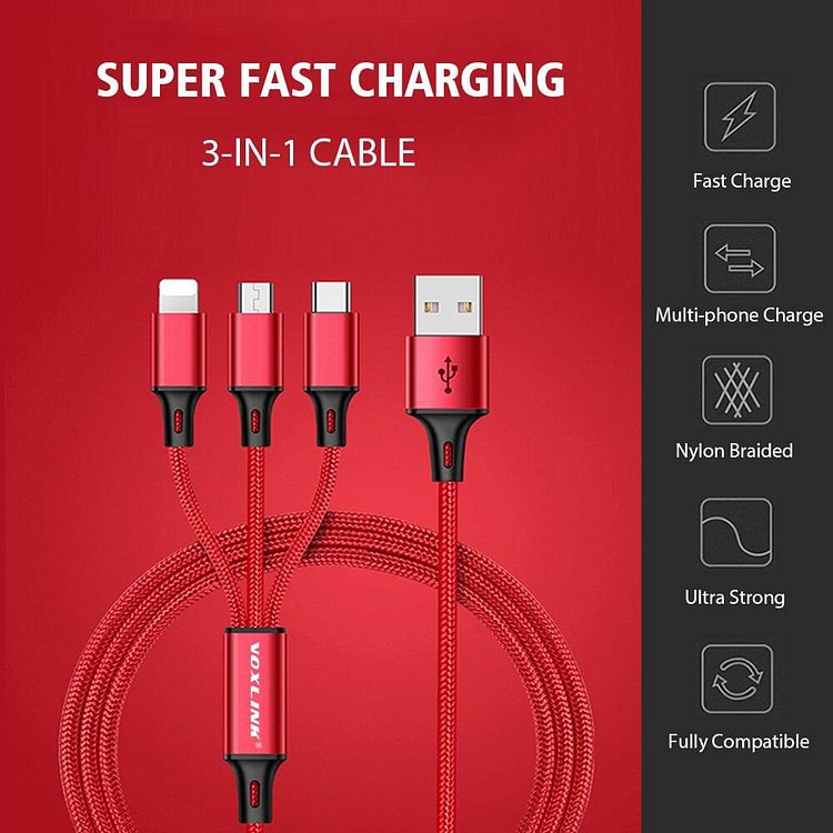 3 in 1 USB Cable For iPhone XS Max XR X 8 7 Charging