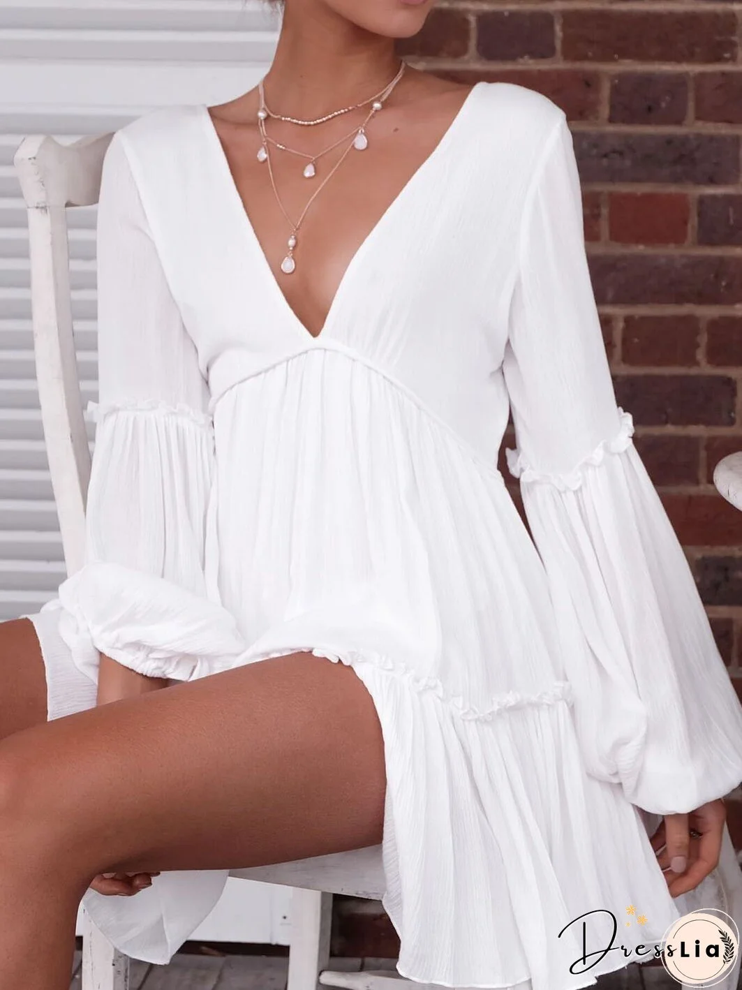 Solid Deep V Lantern Sleeve Dress