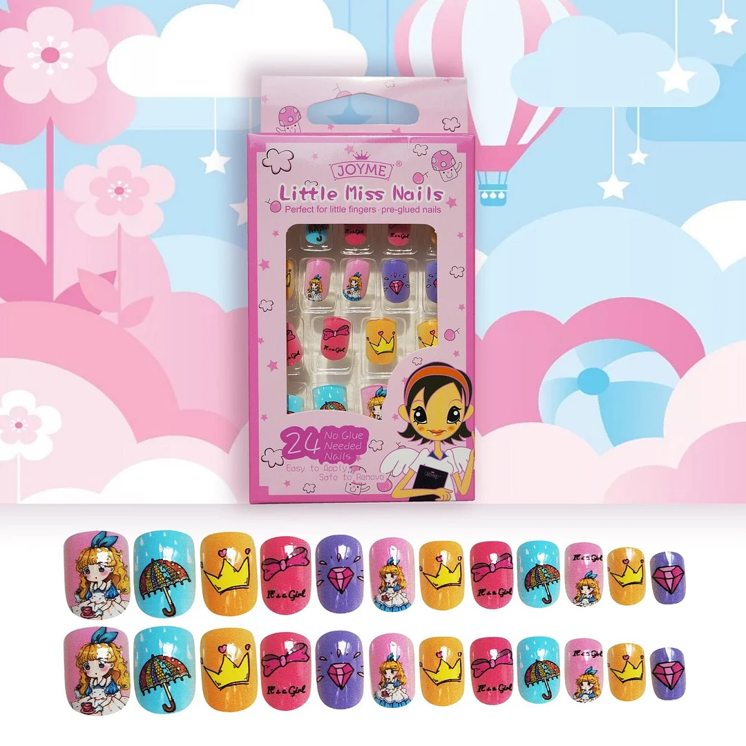 24Pcs/Set Press on Children Candy False Nail Tips Cartoon Full Cover Kid Pink Fake Nail Art for Little Girls Manicure Tool-Nail Inspo