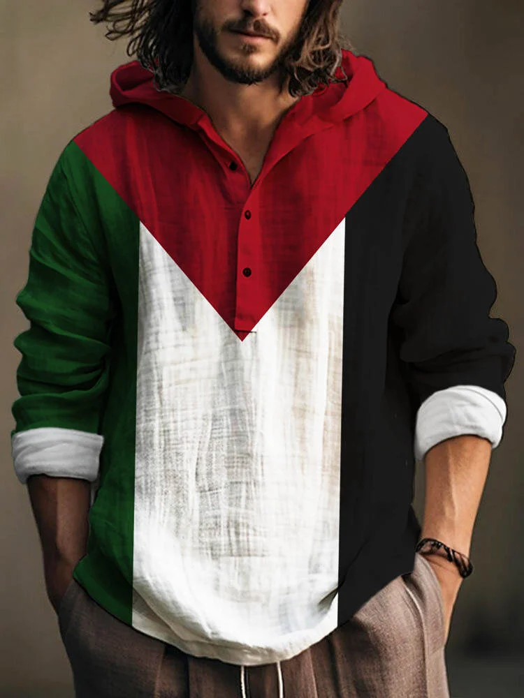 Free Palestine Flag Print Linen Long Sleeve Hooded Shirt