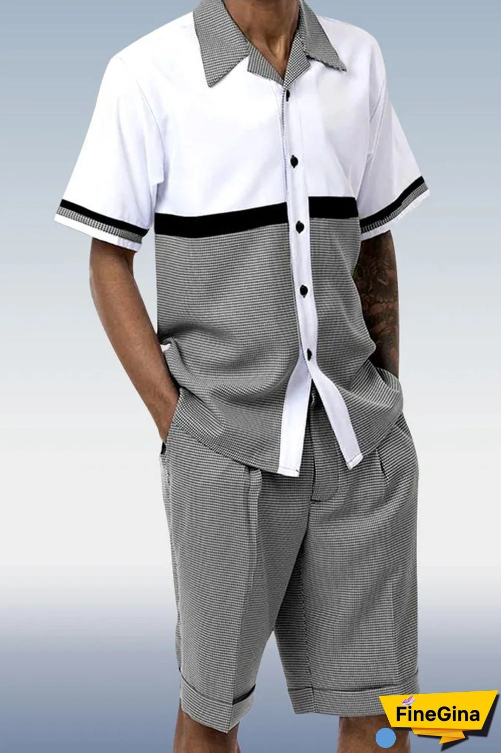 Black White Two Piece Short Sleeve Print Walking Suit Set With Shorts