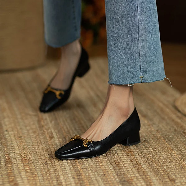 HUXM Soft Leather Metallic Buckle Low Heels
