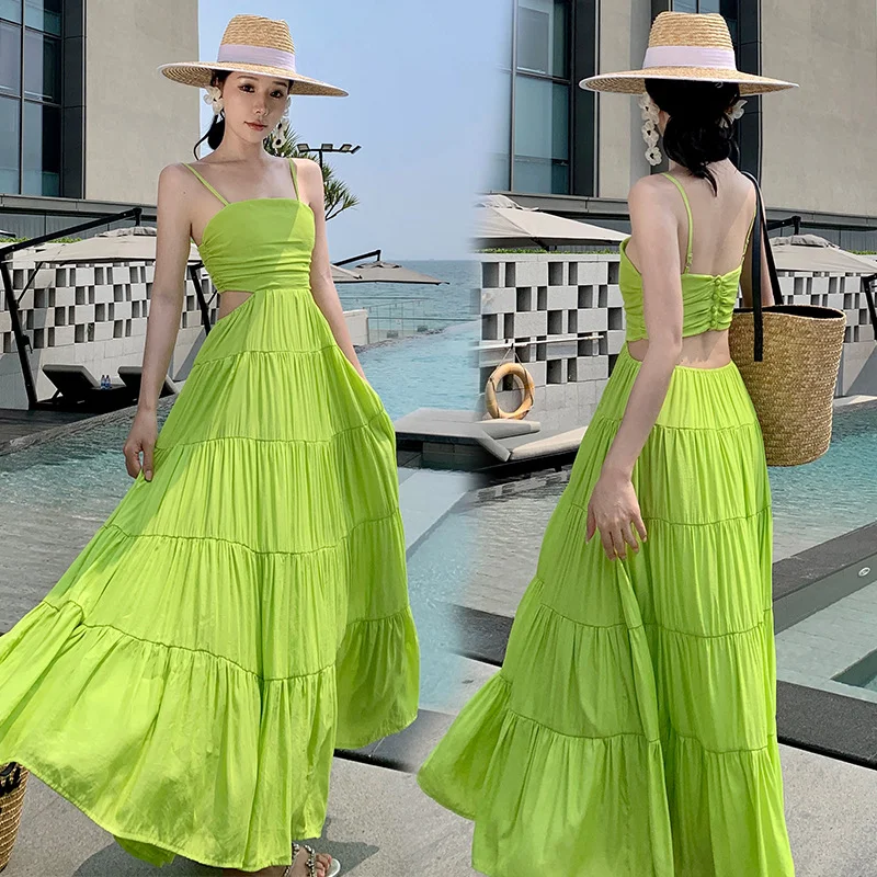 Wongn Wongn Sanya Travel Sling Waist Dress Women's Seaside Holiday Photo Closed Waist Big Swing Long Skirt Summer