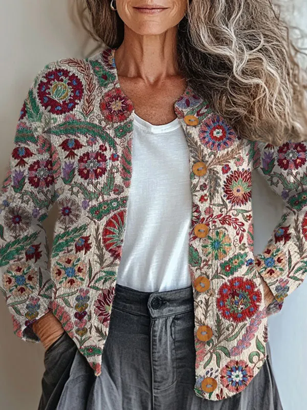 Vintage Flower Art Print Buttoned Cardigan Sweater