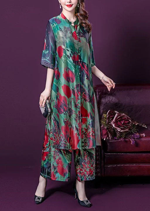 Elegant Green Stand Collar Print Tops And Pants Silk Two Pieces Set Summer