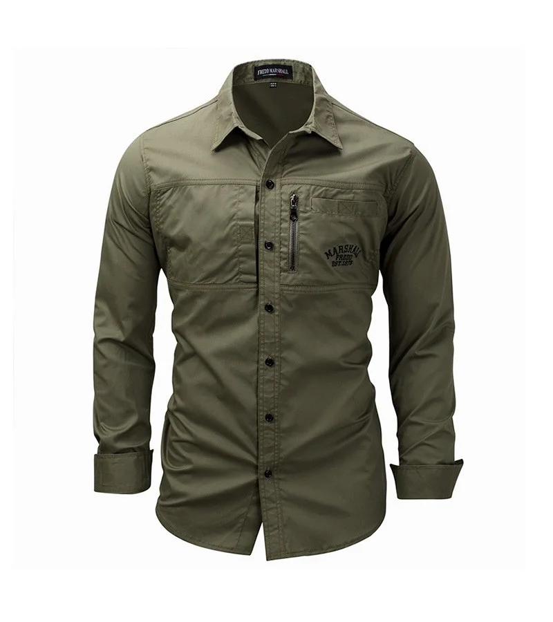Man Military Style Solid Color Long Sleeves Regular Fit Cotton Shirt