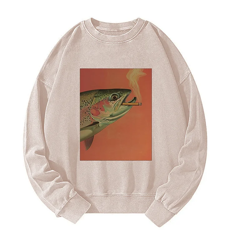 Tokyover Trout Smoking A Cigarette Vintage Washed Unisex Sweatshirt