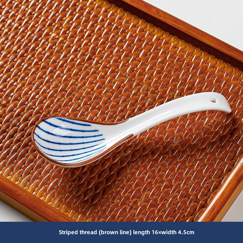 Japanese Style Small Soup Spoon Creative Blue And White Ceramic Spoon Household Thickened Curved Handle Anti-scalding Food Soup Spoon