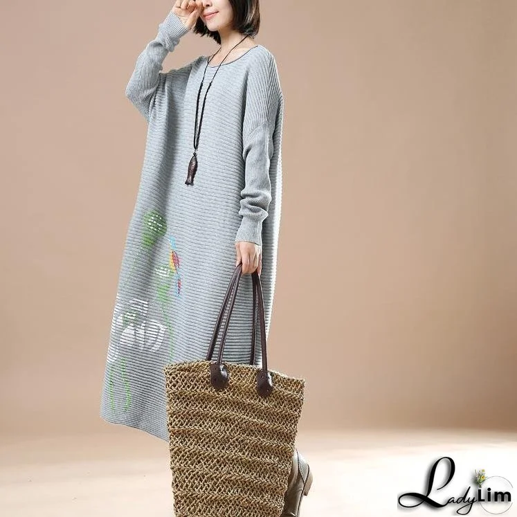 Gray long knit sweaters dress plus size