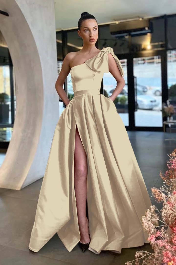 Daisda Gold Split One-Shoulder Prom Dress With Pockets