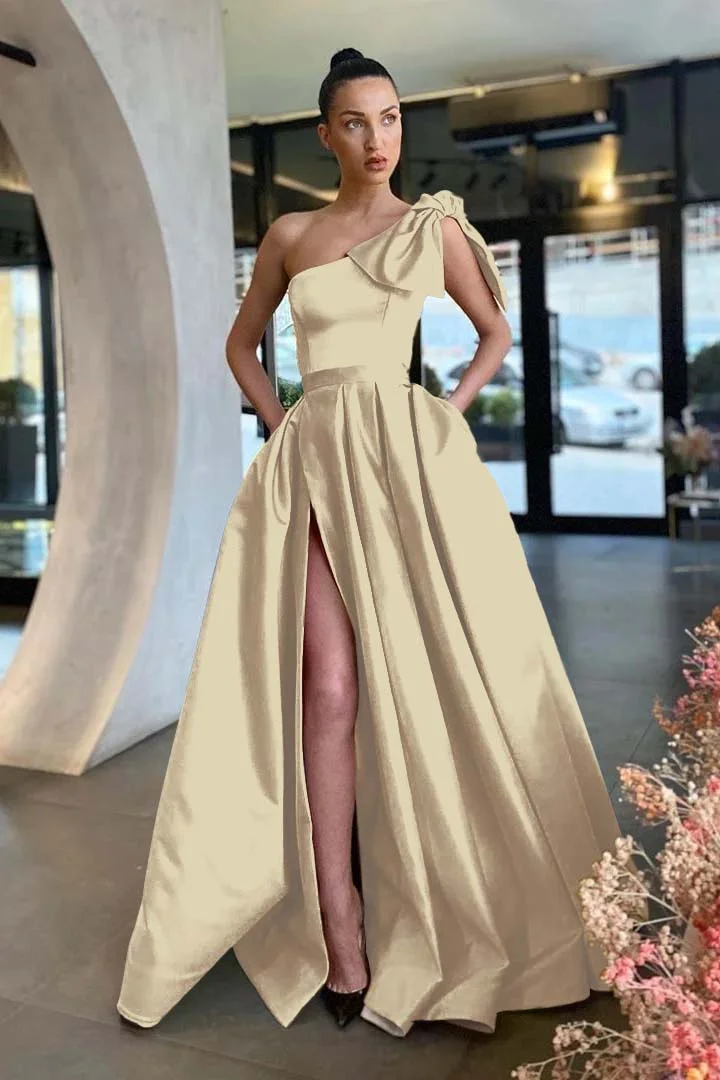 Daisda Gold Split One-Shoulder Prom Dress With Pockets