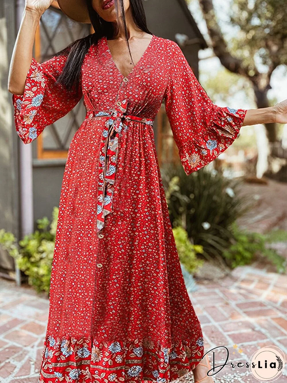 Bohemian Floral Print Belt Ruffle Sleeve Maxi Dress