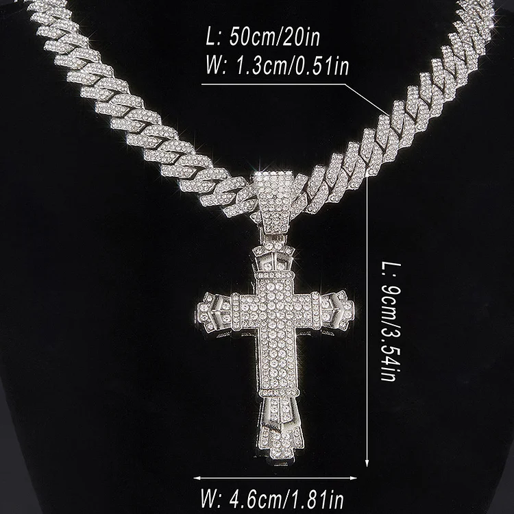 Diamond Inlaid Large Cross Necklace Personalized Versatile Alloy Water Diamond Unisex Cuban Chain Necklace_ viptrois