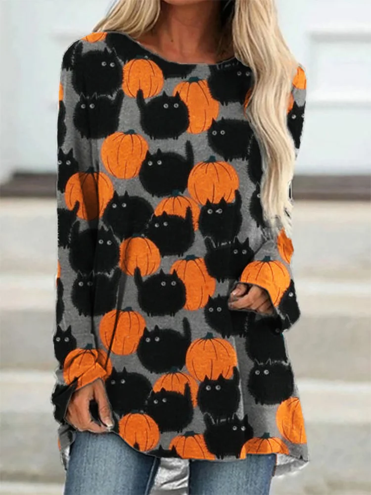 Halloween Black Cats & Pumpkins A Line T Shirt