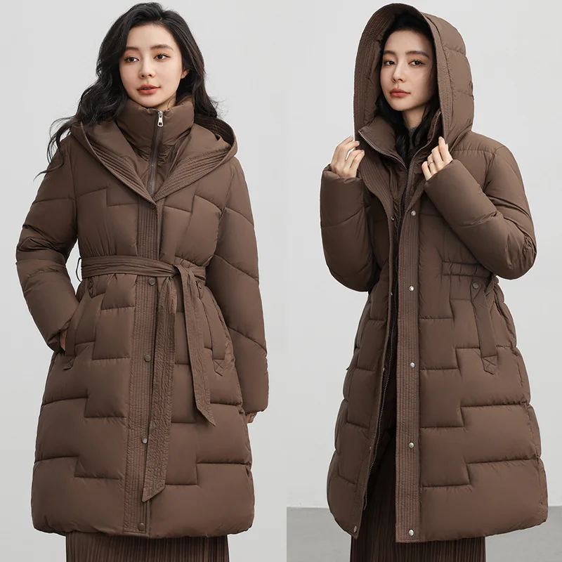 Woherb 2024 New Cotton-Padded Clothes Korean Version Of The Hoodie Long Waist Show Thin Over The Knee Fashion And Thick Temperament Coat-Outfit Ideas
