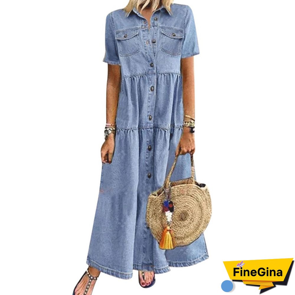 Womens Summer Autumn Denim Long Dress Retro Button Pockets Jeans Maxi Ladies Casual