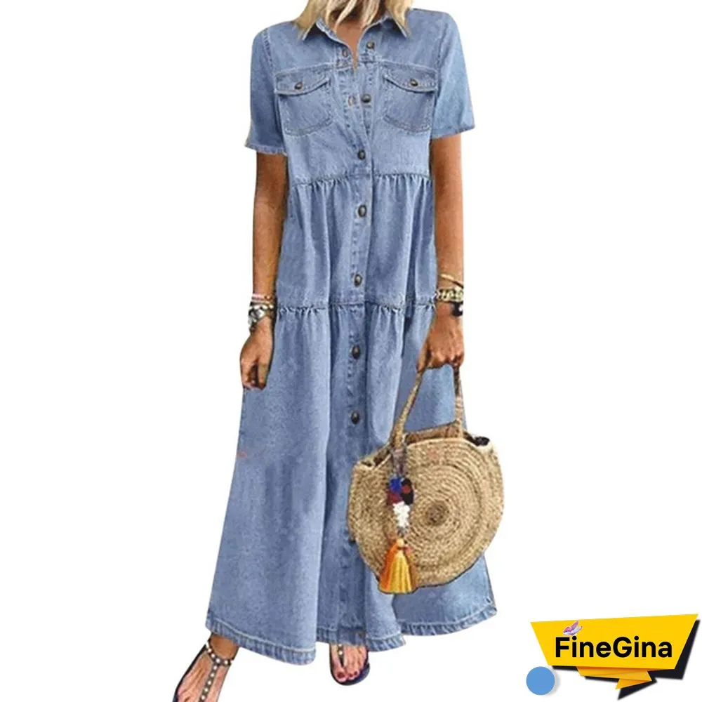 Womens Summer Autumn Denim Long Dress Retro Button Pockets Jeans Maxi Ladies Casual