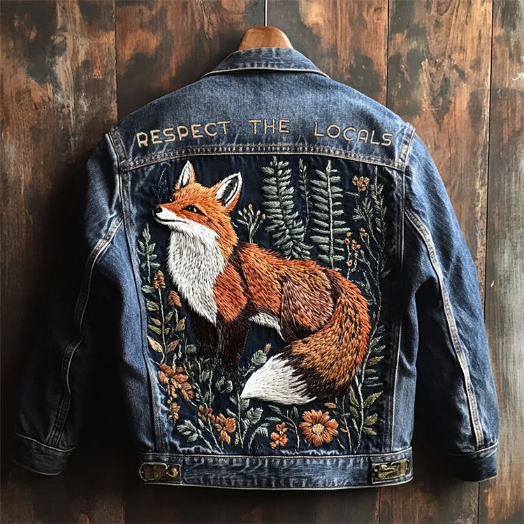 VChics Respect The Locals Forest Fox Embroidered Denim Jacket