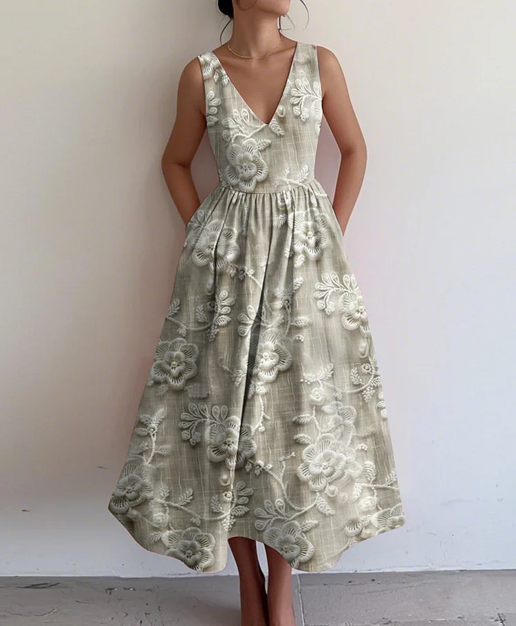 Elegant Floral Print V-neck Sleeveless Dress