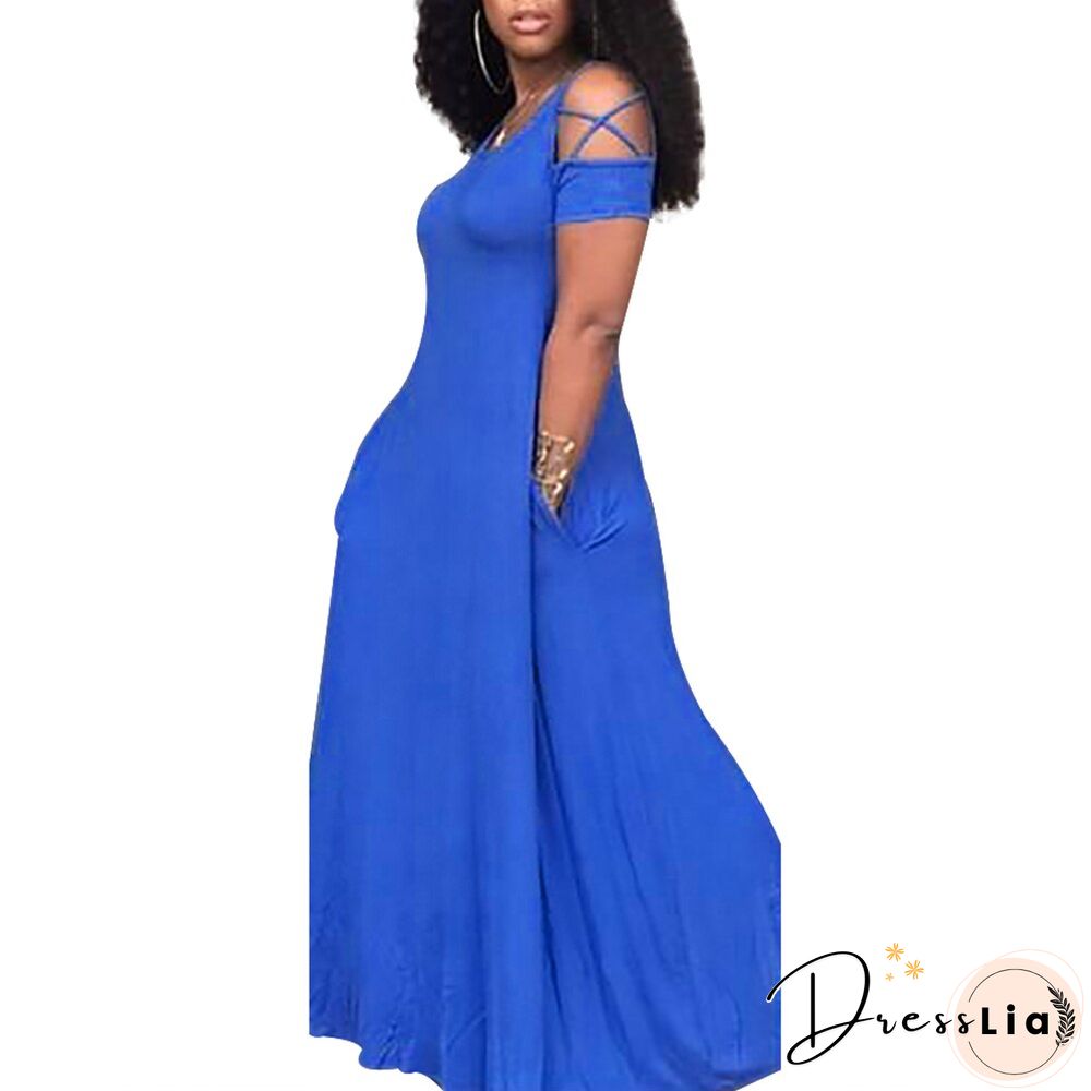 5XL Plus Size Women Hollow Out Short Sleeve Dress Loose Casual Ladies Dresses with Pocket Summer Female Solid Maxi Dresses D30