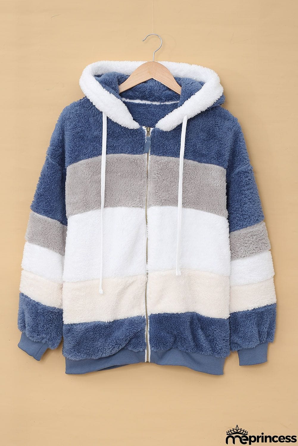 Colorblock Zip Up Sherpa Coat with Hooded