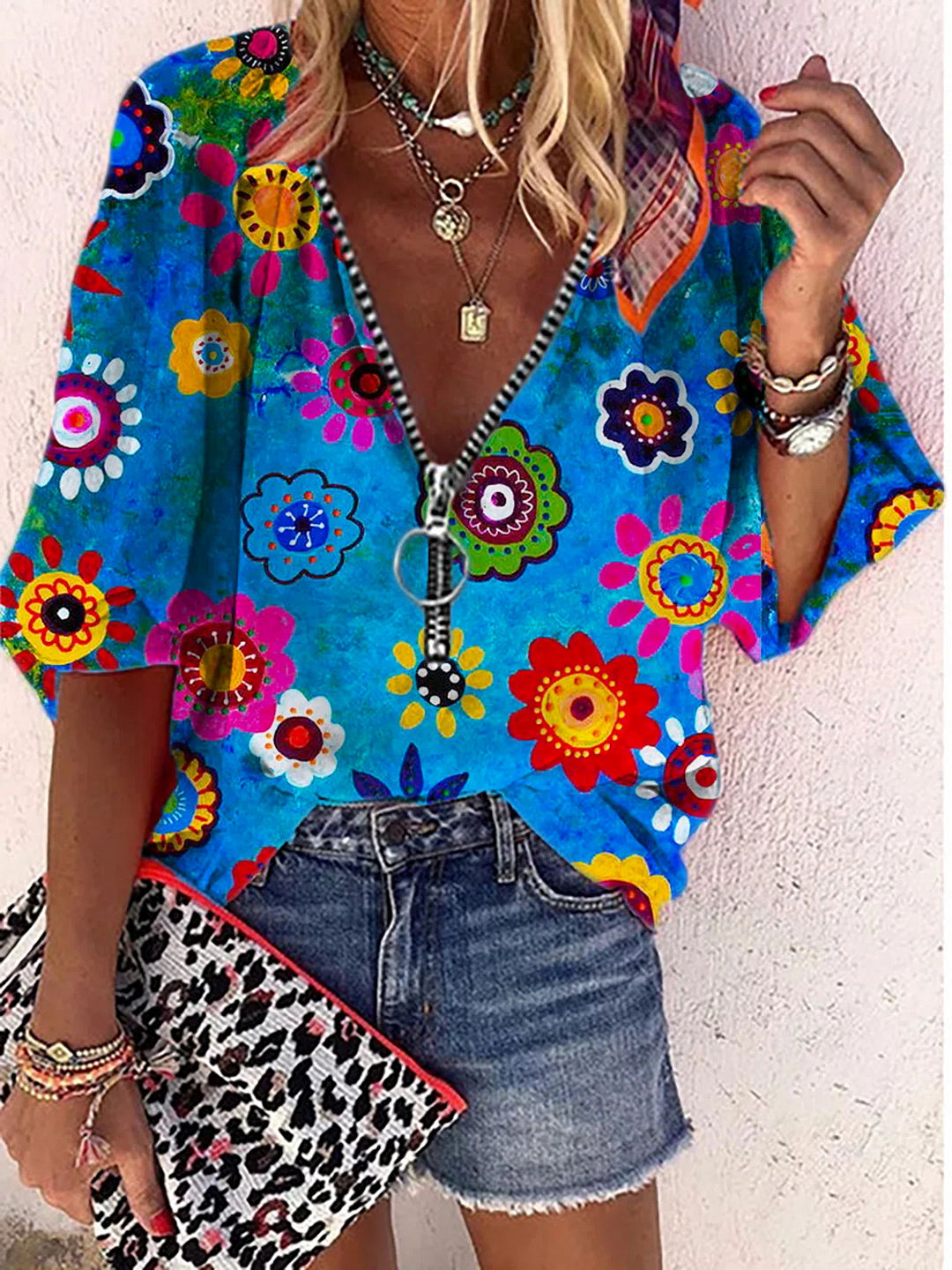 Women‘s Hippie Floral Casual Blue Shirts