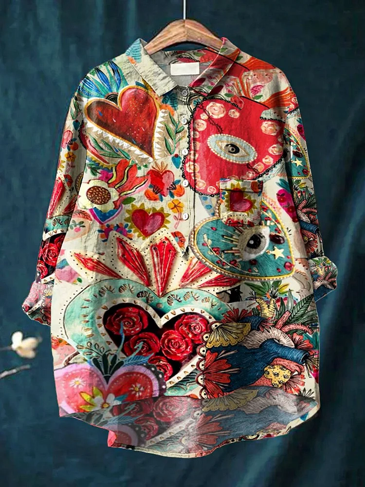 Womens Vintage Hearts Aflame Art Print Casual Cotton And Linen Shirt