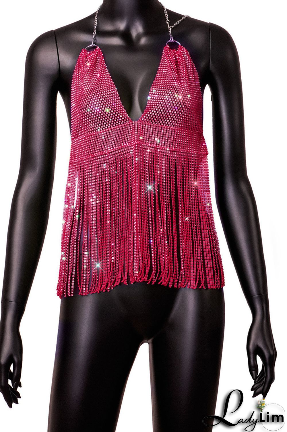 Pink Fashion Sexy Patchwork Tassel Backless Halter Tops