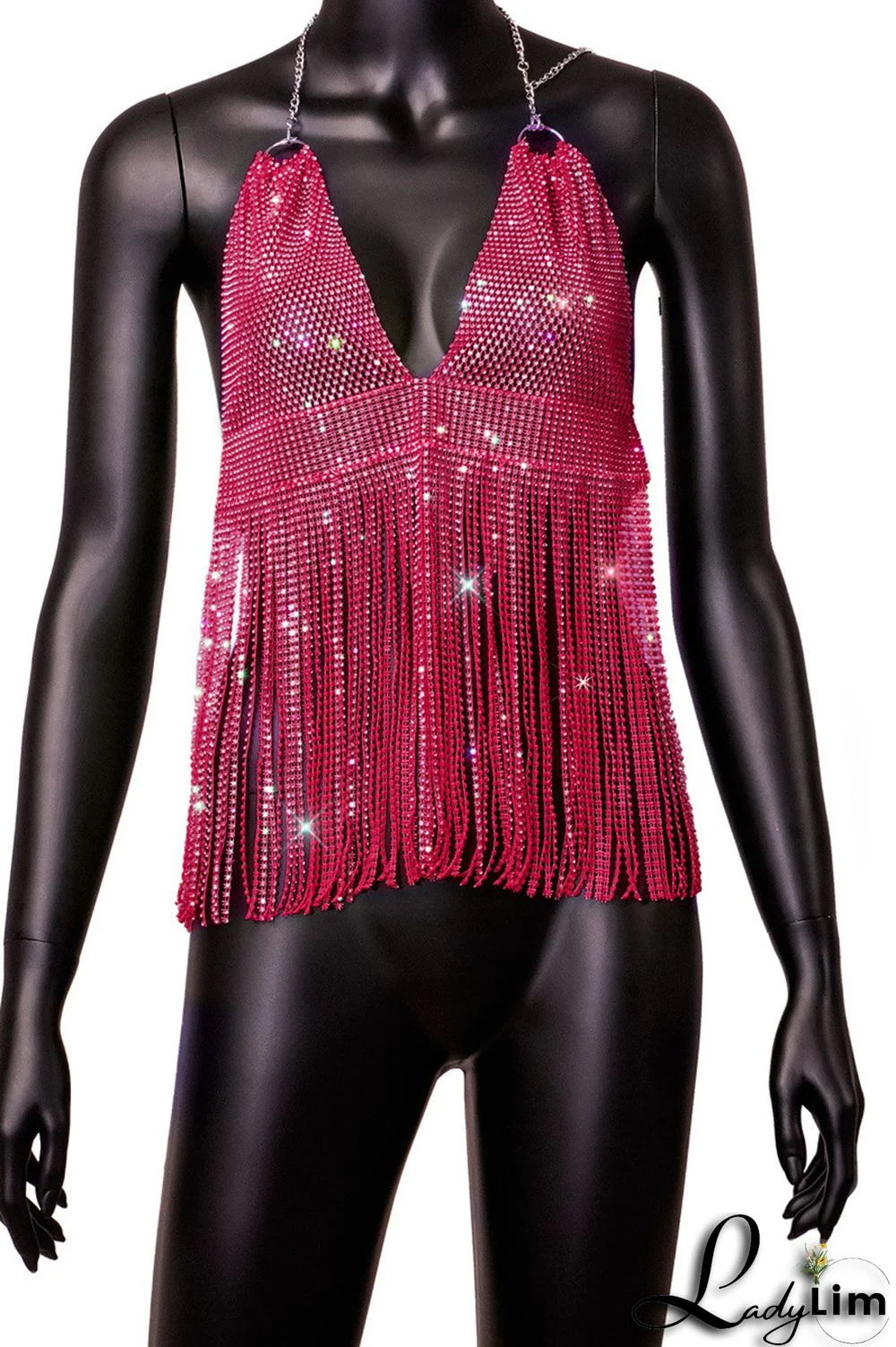 Pink Fashion Sexy Patchwork Tassel Backless Halter Tops