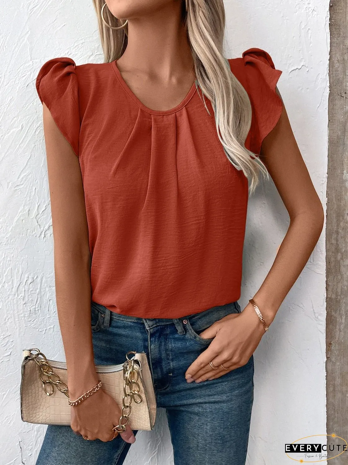 Ruched Round Neck Cap Sleeve Blouse