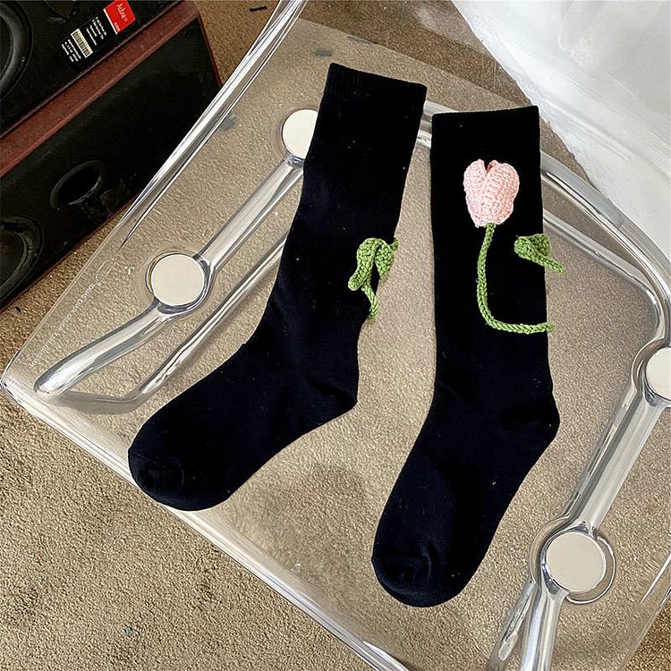 3D Tulip Pattern Print Knit Ankle Socks - Modakawa modakawa