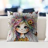 Quirky Girl 11CT Stamped Cross Stitch Pillow Cover Kit 3-Strand Embroidery with Zipper 45x45cm