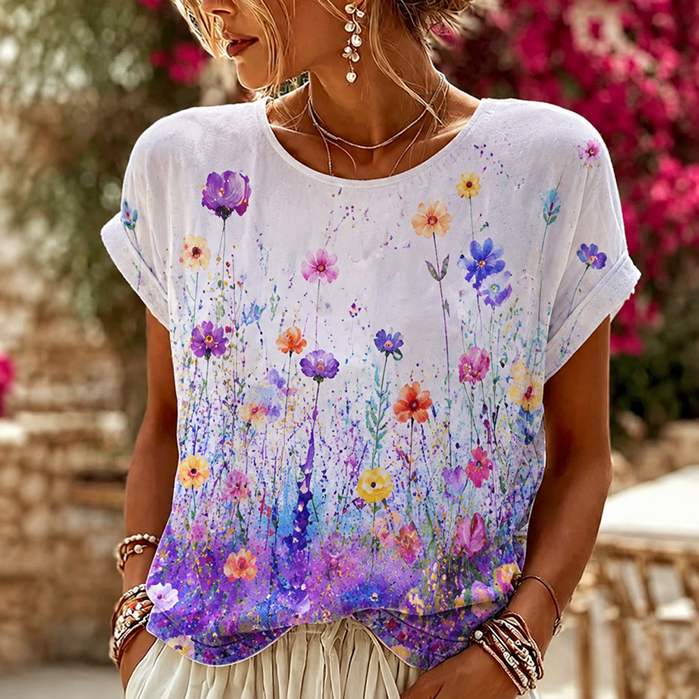 Comstylish Women's Casual Short Sleeve Crew Neck T-shirt With Ombre Gradient Background And Watercolor Wildflowers Print
