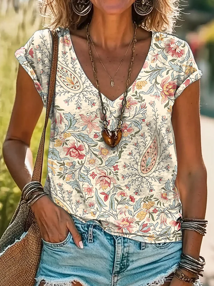 Women's Retro Flower Print 100%Cotton V-neck T-Shirt