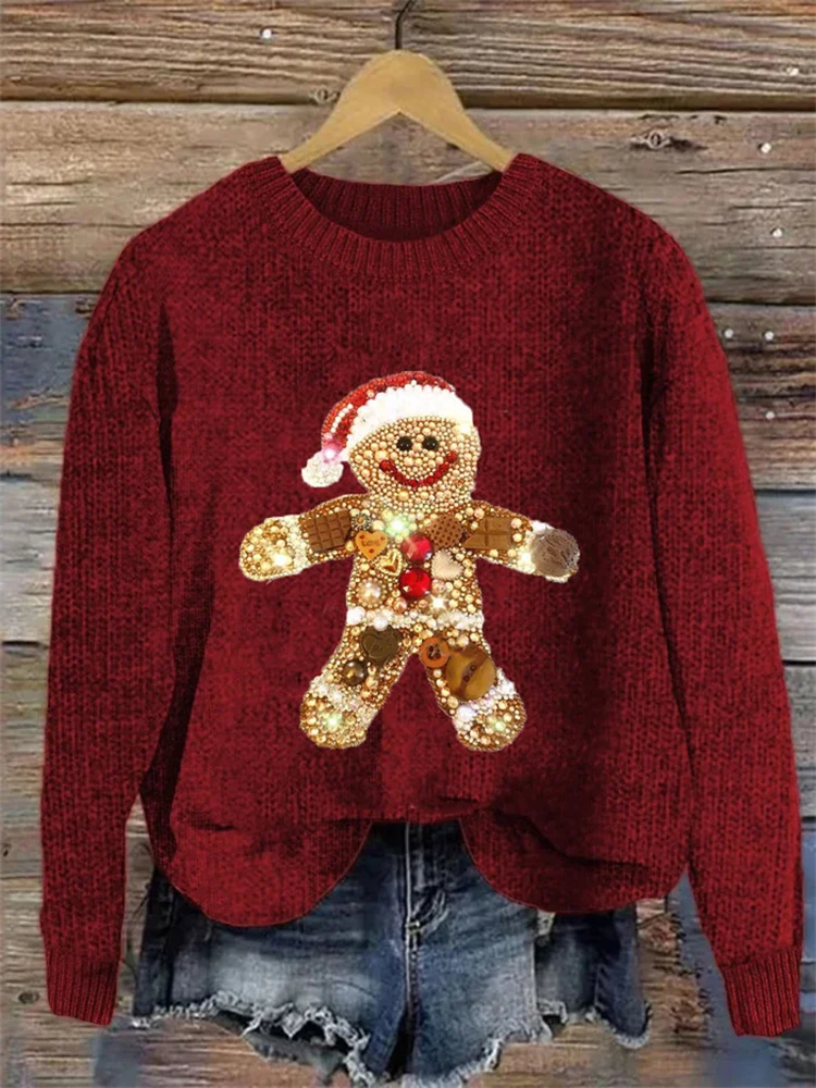 VChics Women's Christmas Gingerbread Man Jewel Art Crew Neck Sweater