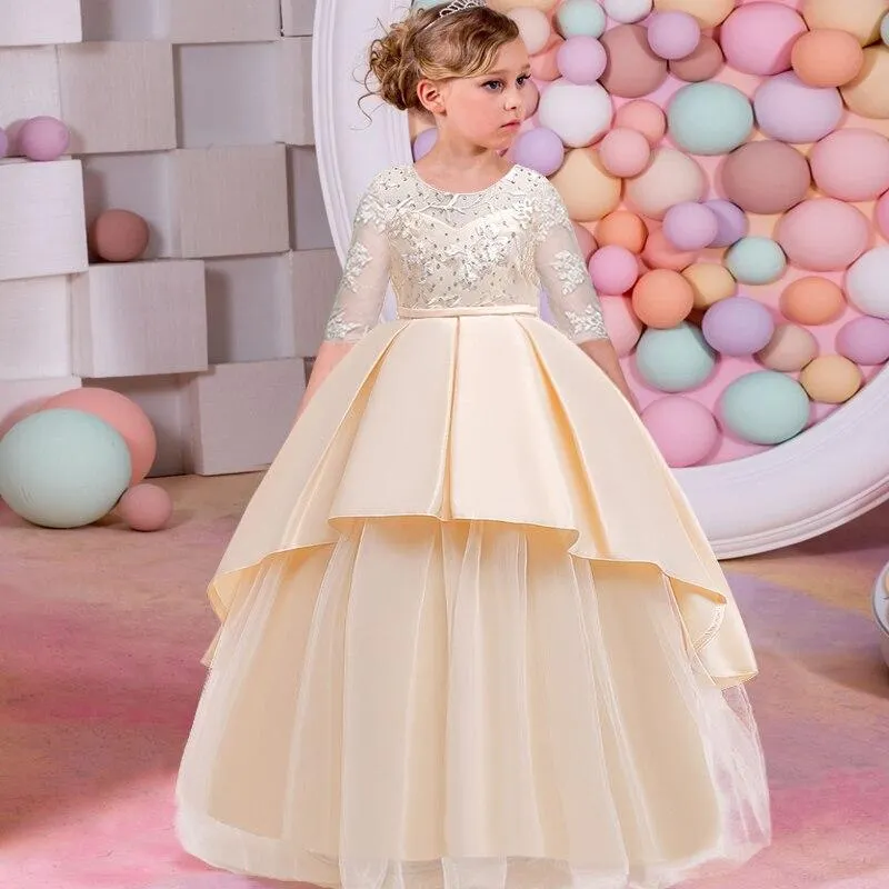 2021 Summer Long Sleeve Flower Girl Dress Elegant Kids Dresses For Girls Party And Wedding Bridesmaid Princess Dress 10 12 Years
