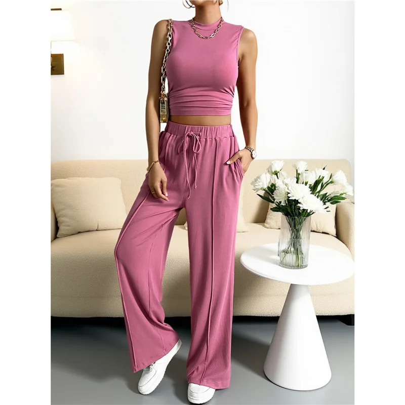 Athvotar Athvotar Summer Knitting Casual Suit Sleeveless Round Collar Short Repair Body Broad Leg Pants Two Sets