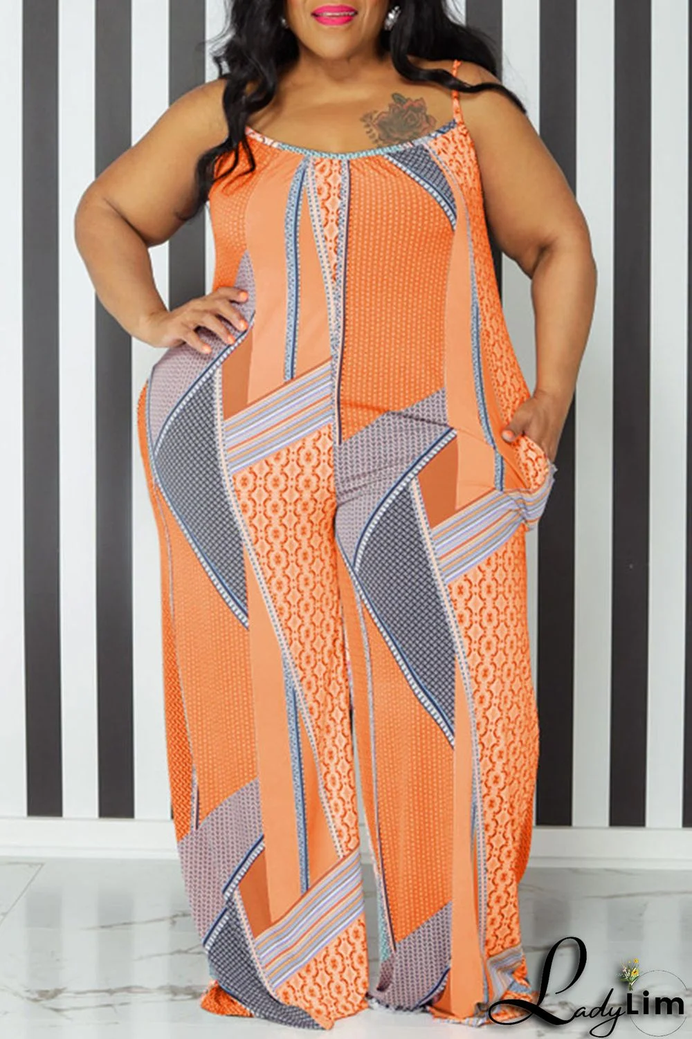 Tangerine Red Casual Print Patchwork Spaghetti Strap Plus Size Jumpsuits