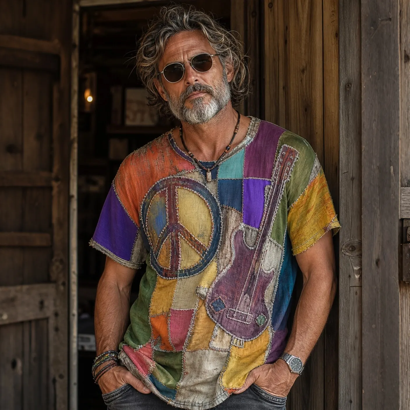 Comstylish Men's Hippie Peace & Guitar Patchwork Retro Boho Print T-shirt