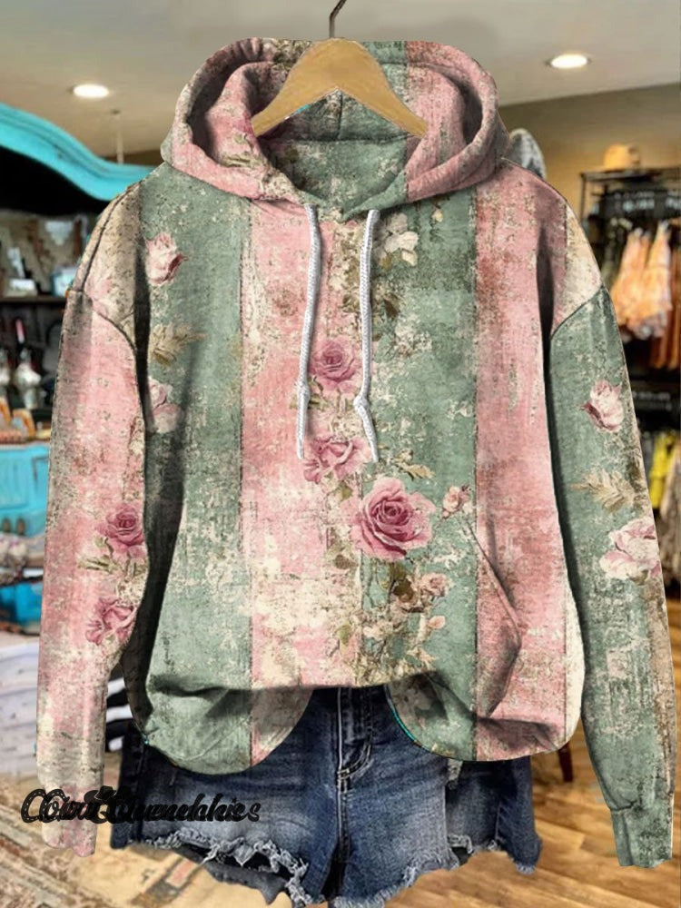 Women’s Vintage Flower Print Casual Long Sleeve Comfortable Cotton Shirt Hoodie Sweatshirt / S