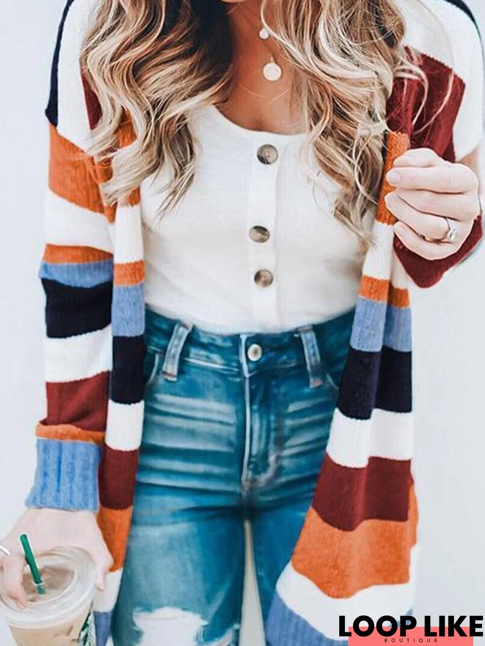 Striped Knit Sweater Cardigans Tops