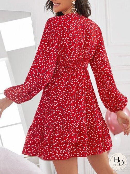 Confetti Heart Print Shirred Waist Dress for Women